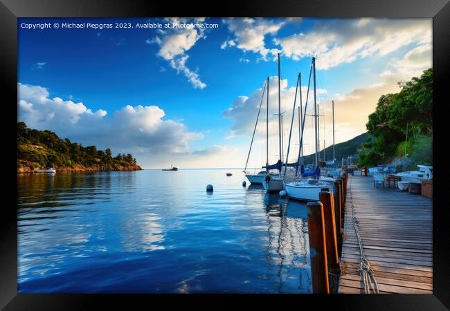 Beautiful view at a jetty of a small port with sailing boats. Framed Print by Michael Piepgras