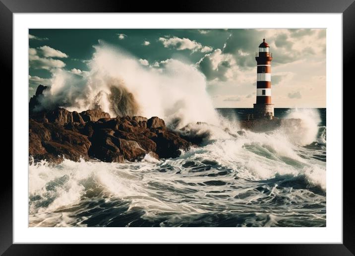 Big ocean waves crashing into the rocks at a lighthouse. Framed Mounted Print by Michael Piepgras