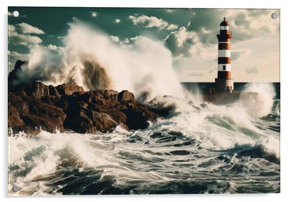 Big ocean waves crashing into the rocks at a lighthouse. Acrylic by Michael Piepgras