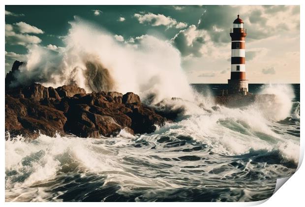 Big ocean waves crashing into the rocks at a lighthouse. Print by Michael Piepgras