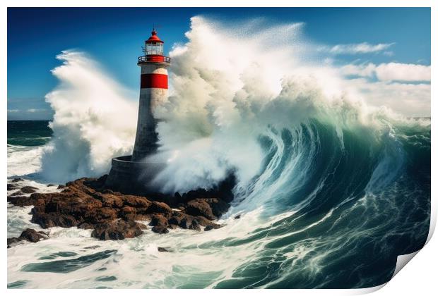 Big ocean waves crashing into the rocks at a lighthouse. Print by Michael Piepgras