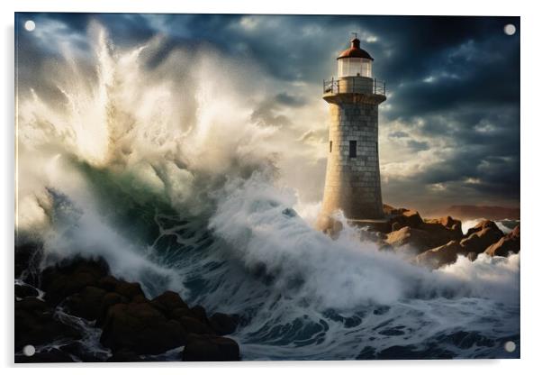 Big ocean waves crashing into the rocks at a lighthouse. Acrylic by Michael Piepgras