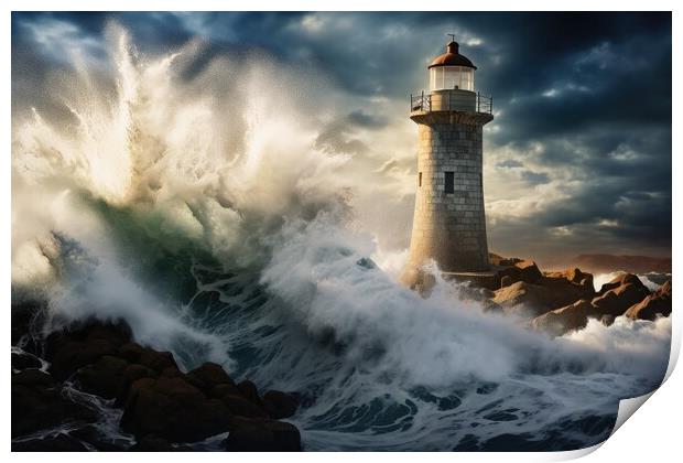 Big ocean waves crashing into the rocks at a lighthouse. Print by Michael Piepgras