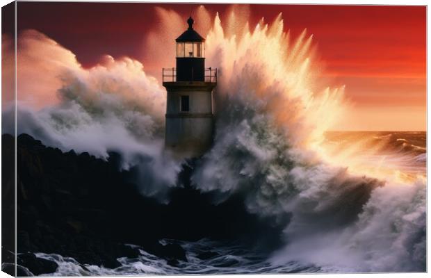 Big ocean waves crashing into the rocks at a lighthouse. Canvas Print by Michael Piepgras