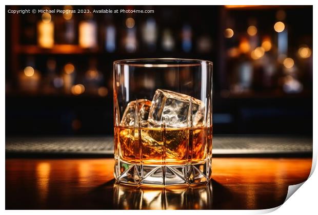 Close up of a glass of whiskey with ice at a bar. Print by Michael Piepgras
