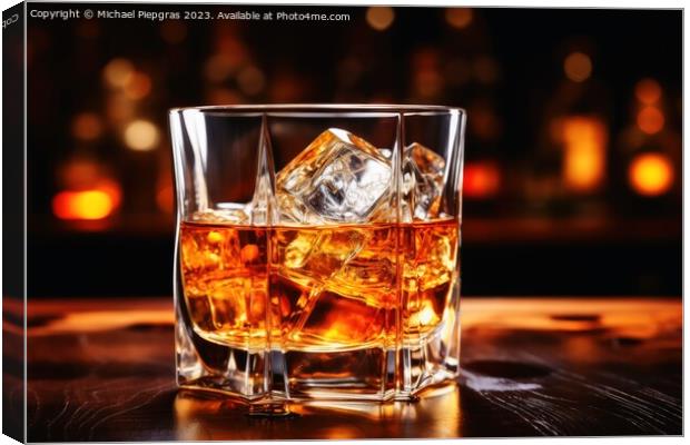 Close up of a glass of whiskey with ice at a bar. Canvas Print by Michael Piepgras