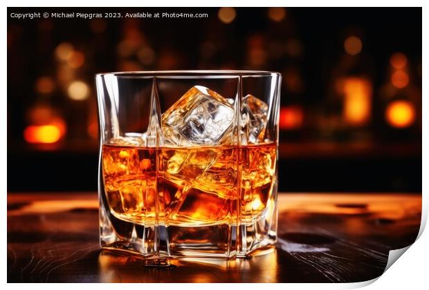Close up of a glass of whiskey with ice at a bar. Print by Michael Piepgras