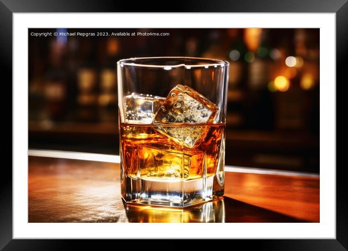 Close up of a glass of whiskey with ice at a bar. Framed Mounted Print by Michael Piepgras