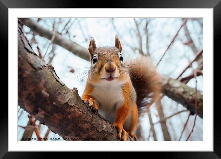 Close up of squirrel on branch looking for a nut. Framed Mounted Print by Michael Piepgras