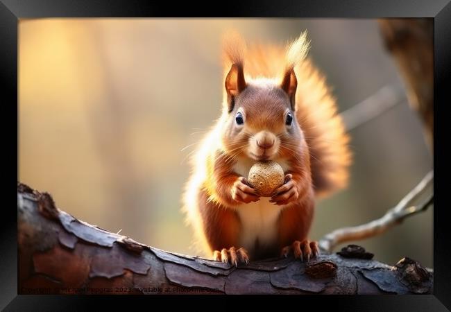 Close up of squirrel on branch looking for a nut. Framed Print by Michael Piepgras