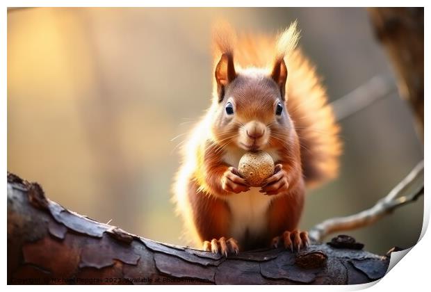 Close up of squirrel on branch looking for a nut. Print by Michael Piepgras