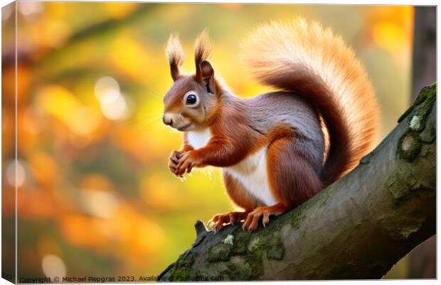 Close up of squirrel on branch looking for a nut. Canvas Print by Michael Piepgras