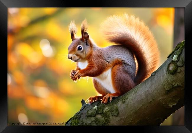 Close up of squirrel on branch looking for a nut. Framed Print by Michael Piepgras