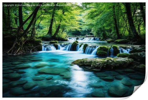 Long exposure of small river with waterfall in idyllic forest. Print by Michael Piepgras