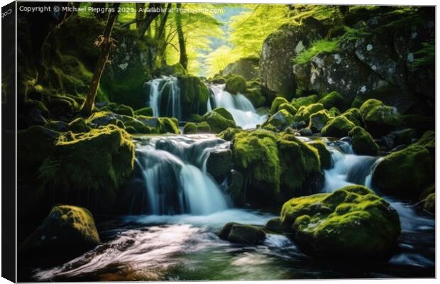 Long exposure of small river with waterfall in idyllic forest. Canvas Print by Michael Piepgras
