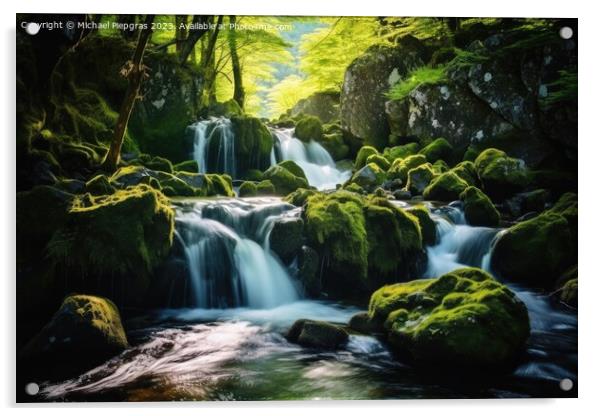Long exposure of small river with waterfall in idyllic forest. Acrylic by Michael Piepgras