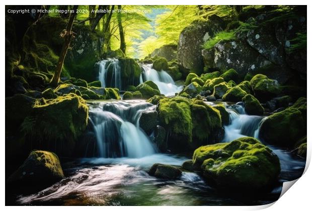 Long exposure of small river with waterfall in idyllic forest. Print by Michael Piepgras