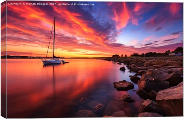 Sunset on the water of a quiet marina looking at the sea long ti Canvas Print by Michael Piepgras