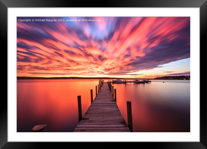 Sunset on the water of a quiet marina looking at the sea long ti Framed Mounted Print by Michael Piepgras