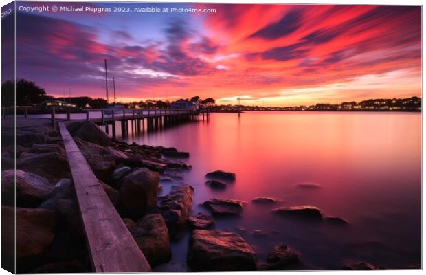 Sunset on the water of a quiet marina looking at the sea long ti Canvas Print by Michael Piepgras