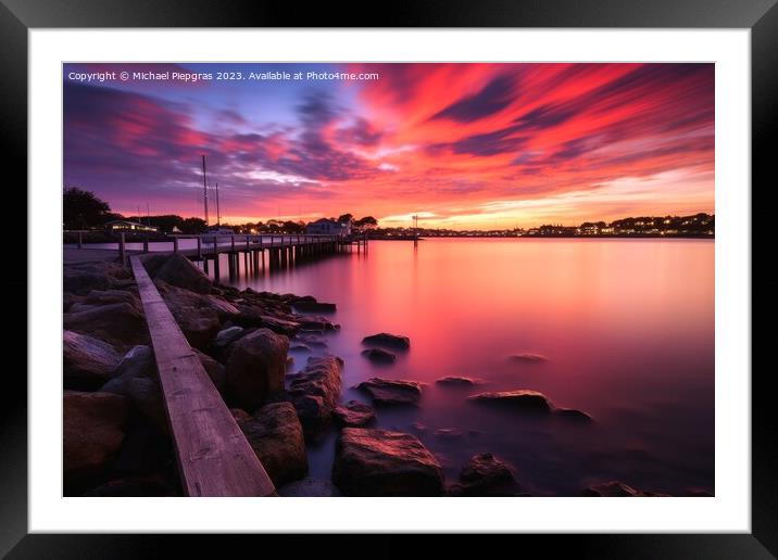 Sunset on the water of a quiet marina looking at the sea long ti Framed Mounted Print by Michael Piepgras