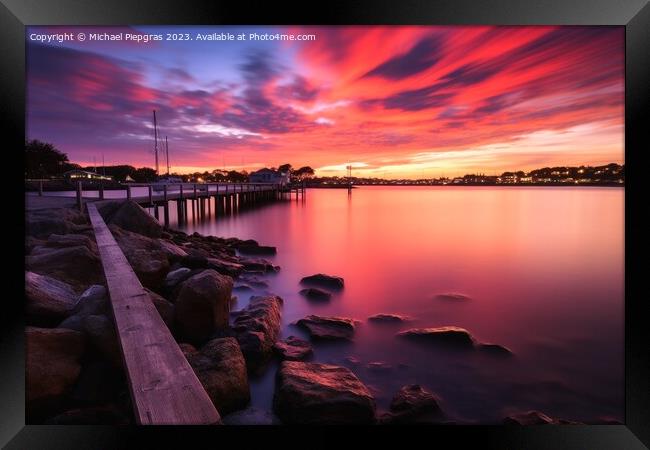 Sunset on the water of a quiet marina looking at the sea long ti Framed Print by Michael Piepgras
