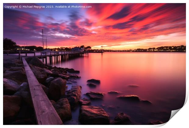 Sunset on the water of a quiet marina looking at the sea long ti Print by Michael Piepgras