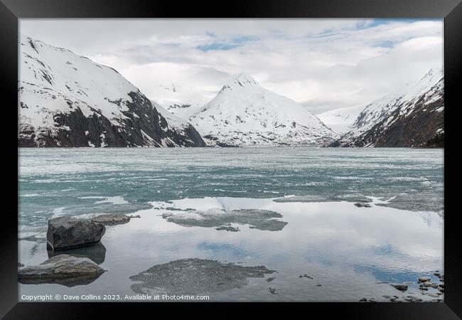 Ice sheets covering Portage Lake,  from the Begich Boggs Visitor Center with Bard Peak in the distance Framed Print by Dave Collins
