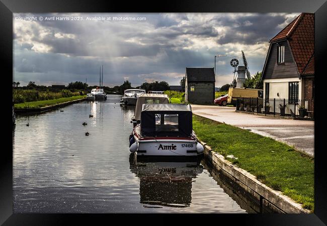 Boats Resting at Thurne's Waters Framed Print by Avril Harris