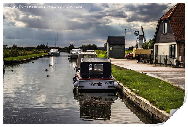 Boats Resting at Thurne's Waters Print by Avril Harris
