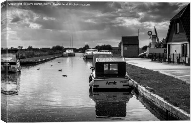 Tranquil waters at Thurne Dyke Canvas Print by Avril Harris