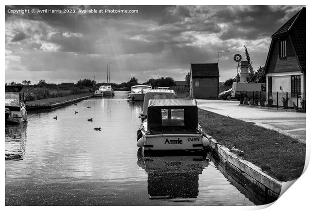 Tranquil waters at Thurne Dyke Print by Avril Harris