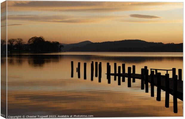 Jetty on Coniston Water at Dusk Canvas Print by Chester Tugwell