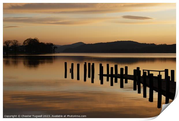 Jetty on Coniston Water at Dusk Print by Chester Tugwell