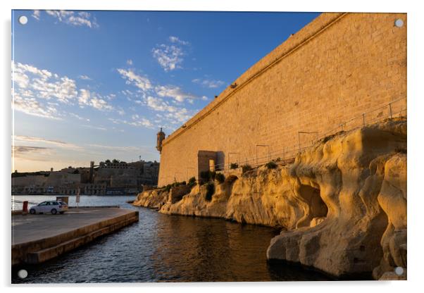 Fort St Angelo Wall at Sunset In Birgu, Malta Acrylic by Artur Bogacki
