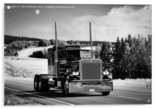 Classic American Truck on Highway Monochrome Acrylic by Taina Sohlman