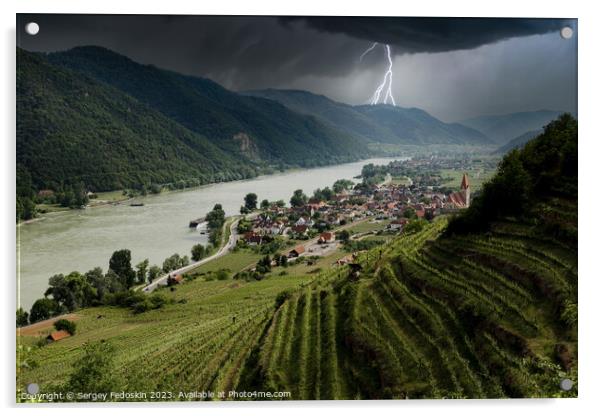 Thunderstorm with lightning over Weissenkirchen village. Acrylic by Sergey Fedoskin