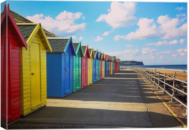 The Colourful Beach Huts of Whitby  Canvas Print by Jim Day