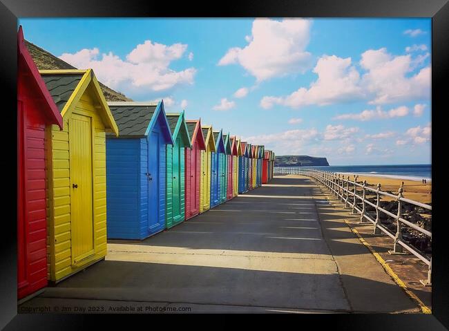 The Colourful Beach Huts of Whitby  Framed Print by Jim Day