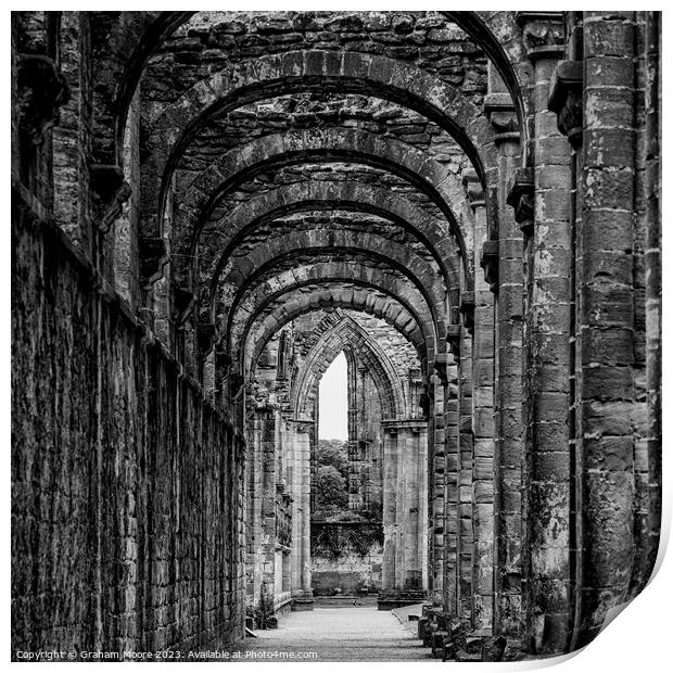 Fountains Abbey interior of nave north aisle Print by Graham Moore