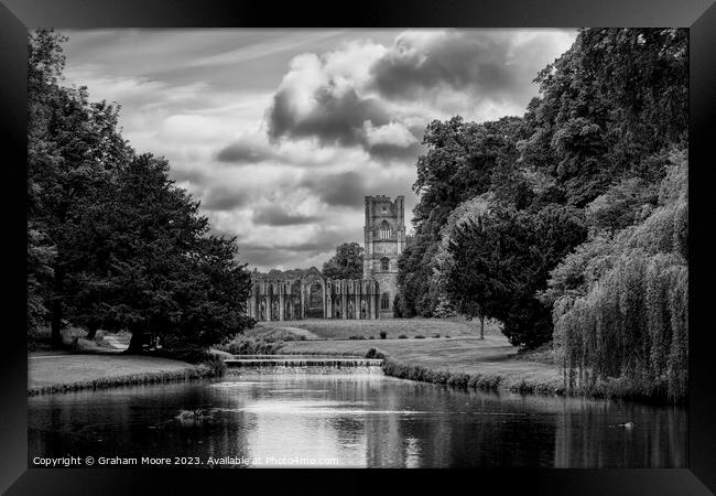 Fountains Abbey river and wier Framed Print by Graham Moore
