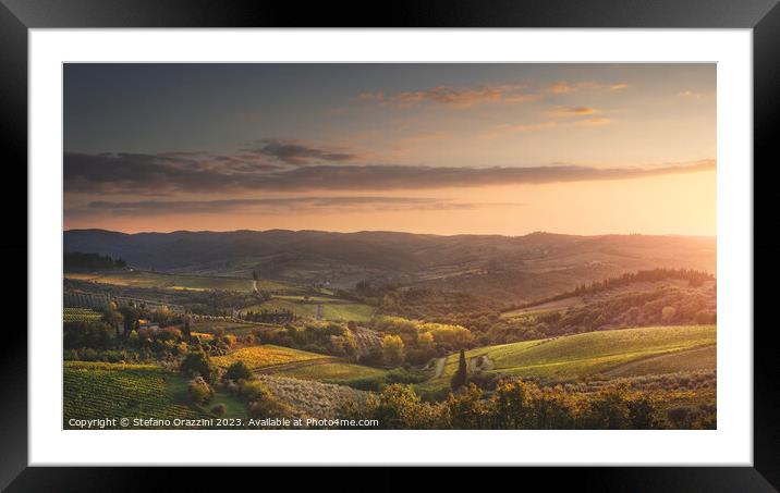 Panzano in Chianti landscape at sunset. Tuscany, Italy Framed Mounted Print by Stefano Orazzini