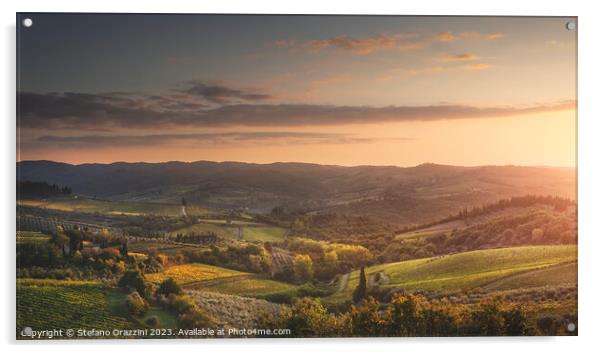 Panzano in Chianti landscape at sunset. Tuscany, Italy Acrylic by Stefano Orazzini