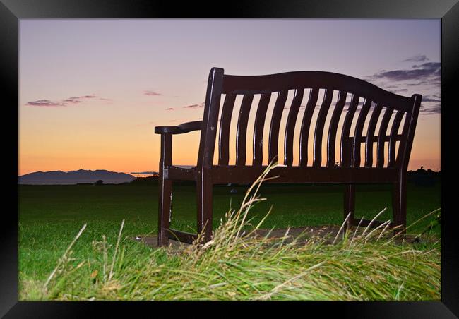 Arran at sunset, Prestwick bench Framed Print by Allan Durward Photography