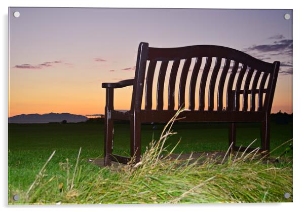 Arran at sunset, Prestwick bench Acrylic by Allan Durward Photography