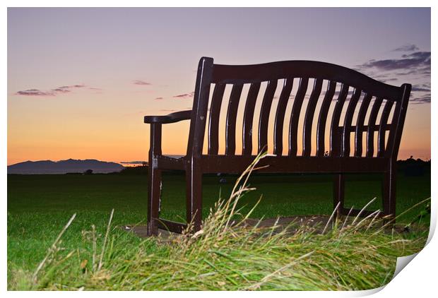 Arran at sunset, Prestwick bench Print by Allan Durward Photography