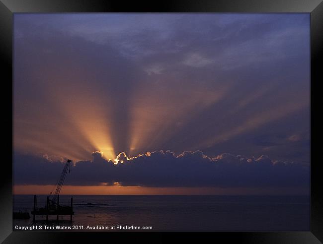 Sunset Over the Dredging Rig Framed Print by Terri Waters