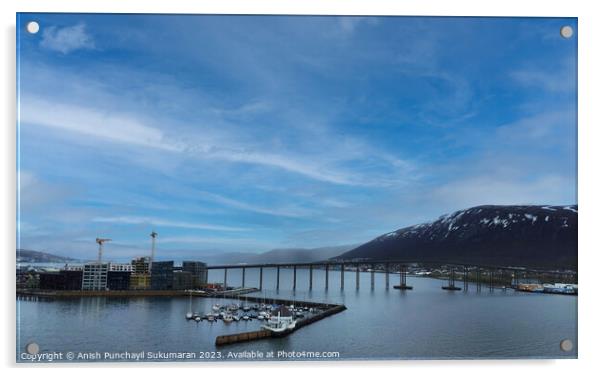 Gleaming Tromso Bridge Reflecting Clouds over the Sea Acrylic by Anish Punchayil Sukumaran