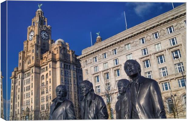 Beatles Statue and Liver Building  Canvas Print by Darren Galpin