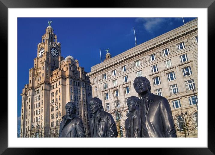 Beatles Statue and Liver Building  Framed Mounted Print by Darren Galpin